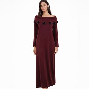 Vintage Lennie New York burgundy wine off the shoulder fir Pom Pom maxi dress